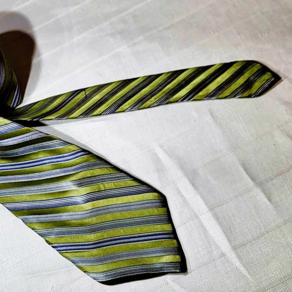 NICOLE MILLER NEW YORK designer Men's tie,  All Silk Green Blue Striped Pattern - Picture 8 of 14